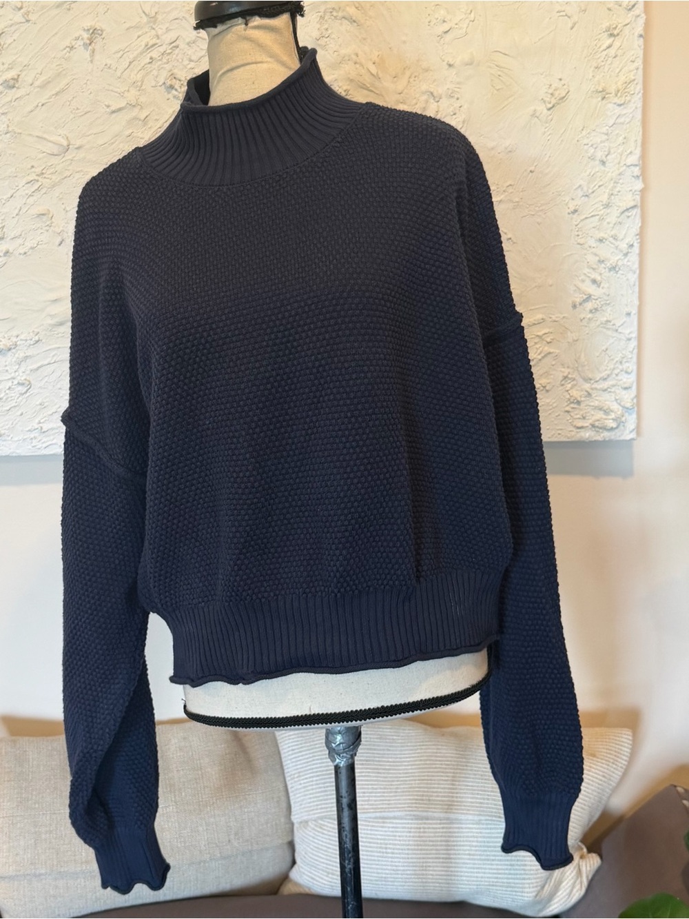 Free People FP Beach Hailee Slouchy Mock Neck Relaxed Fit Sweater Navy Blue XL
